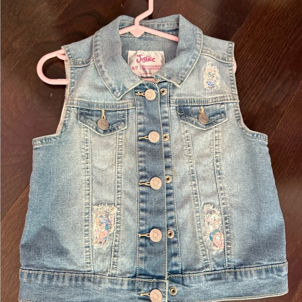 Justice Light Wash Denim Vest with Sequin Patches - Blue